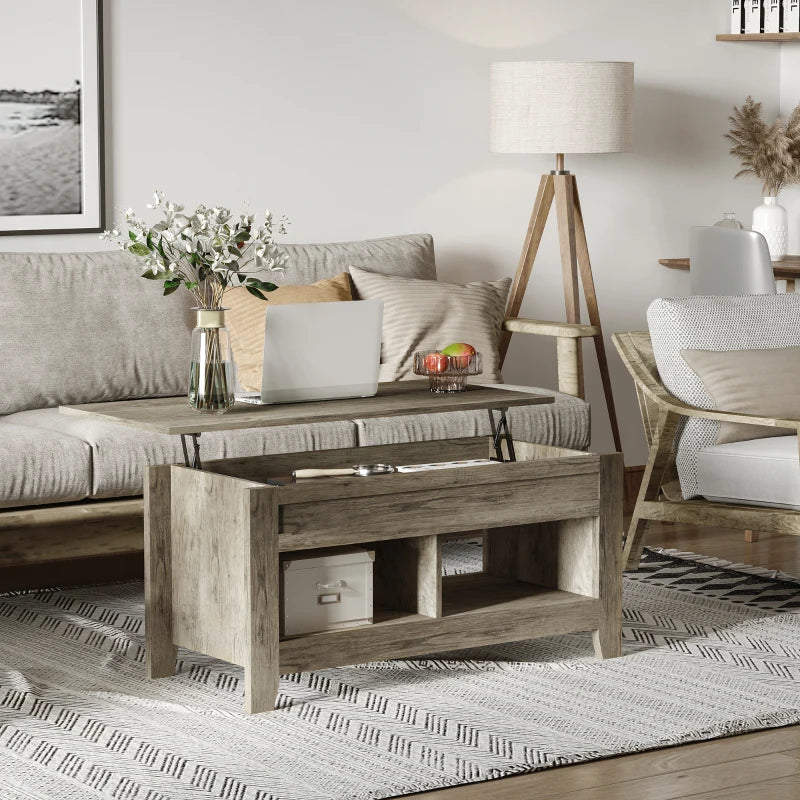 HOMCOM Lift Top Coffee Table w/ Hidden Storage Compartment Open Shelves Lift Tabletop Pop Up Centre Table for Living Room Oak Effect