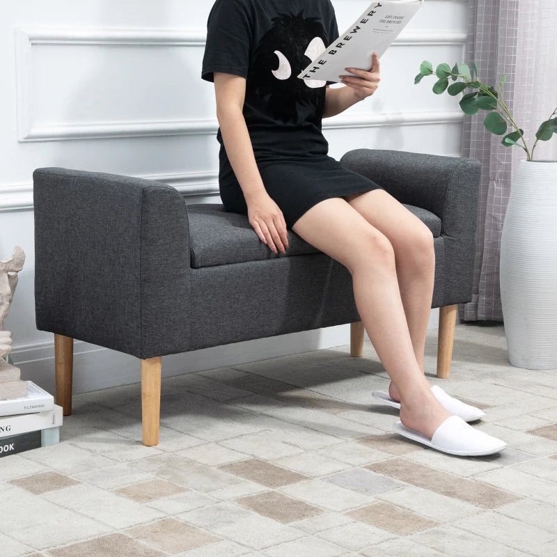 HOMCOM Storage Bench Upholstered Ottoman Storage Chest Supports up to 130 kg Linen-Touch Rubberwood Dark Gray 116 x 44 x 58 cm
