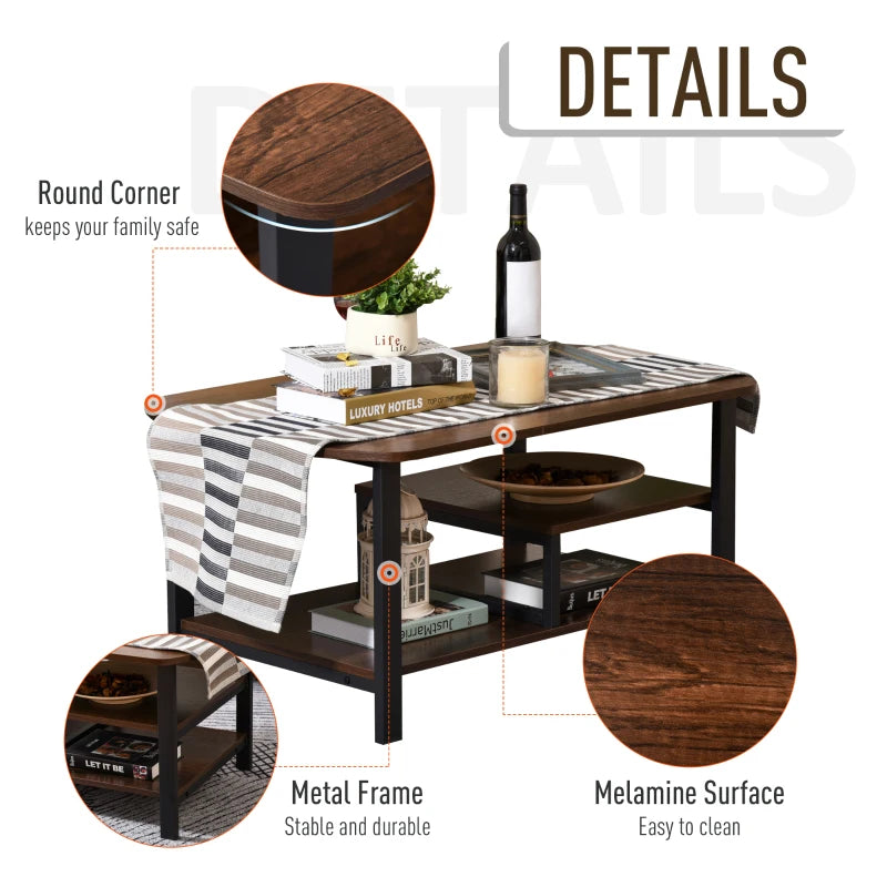 HOMCOM Industrial Coffee Table, Rectangular Sofa Table with Storage Shelves for Living Room, Bedroom, Office, Brown