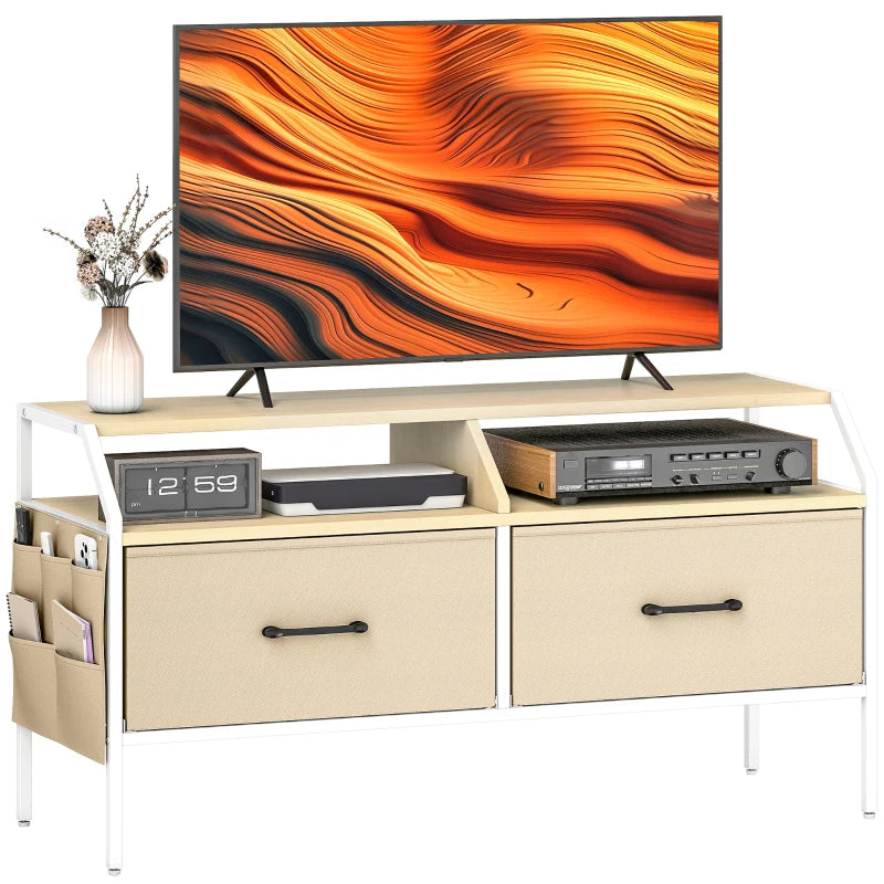 HOMCOM TV Stand Cabinet, TV Unit for 55-inch TVs with 2 Foldable Fabric Drawers, 5 Divided Side Pockets, Open Shelves, Console Table for Living Room, Bedroom, Entertainment Room, Natural Wood Finish