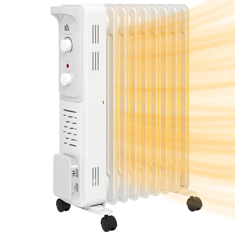 HOMCOM 2000W Quiet Oil Filled Radiator, 9 Fin Energy Efficient Portable Electric Heater with 3 Heat Settings, Adjustable Thermostat, Safety Tip Over, Overheat Protection, for Home, White