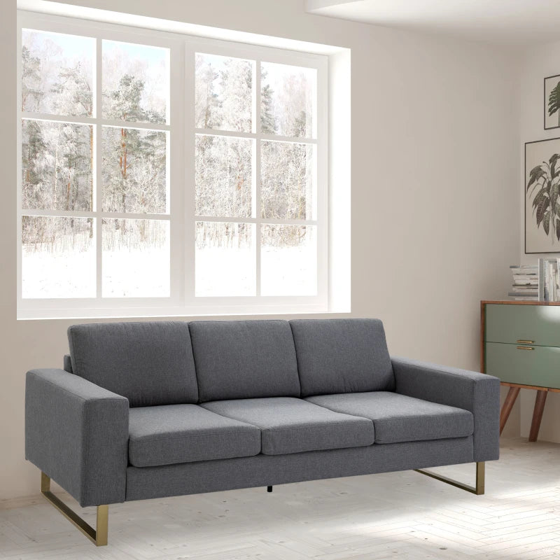 HOMCOM 3 Seater Sofa - Linen Upholstered, Cozy Padded Couch with Steel Legs, Backrest, and Wide Armrests for Living Room, Bedroom, Dark Grey