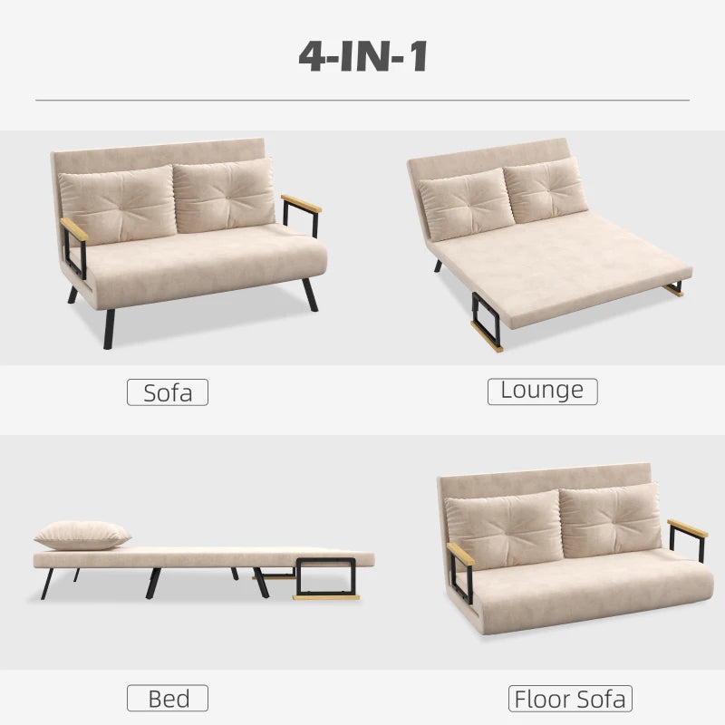 HOMCOM Sleeper Sofa 2-Seater Sofa Velvet Sofa, Sleeper Function, incl. 2 Pillows, Velvety Look, Natural + Beige + Black