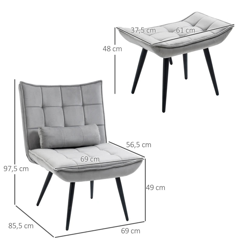 HOMCOM Accent Chair with Footstool Set, Tufted Upholstered Armless Lounge Chair with Pillow and Steel Legs for Living Room, Bedroom, Grey