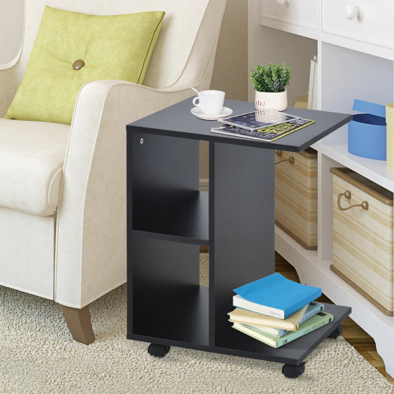 HOMCOM C-Shape End Table Unique Storage Unit w/ 2 Shelves 4 Wheels Freestanding Home Furniture Cabinet Square Black