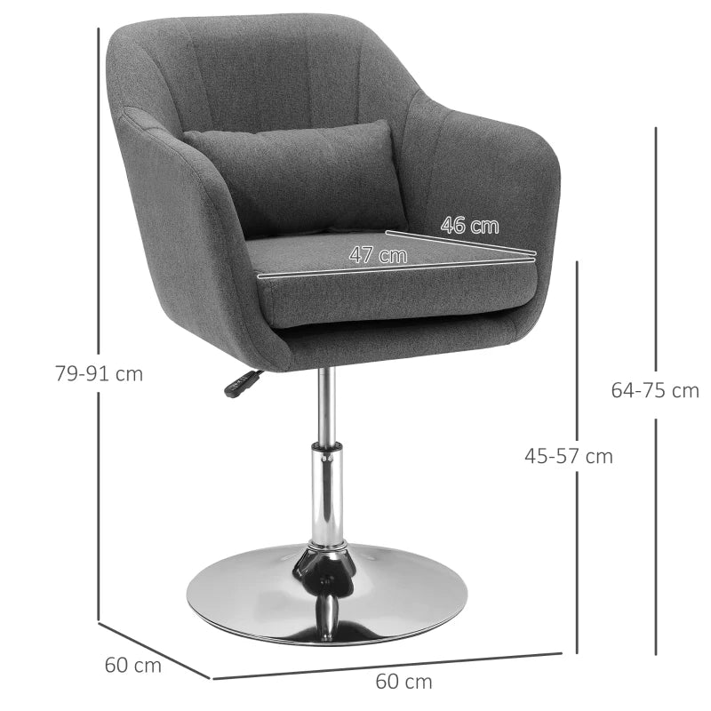 HOMCOM Grey Swivel Chair, w/Metal BaseModern Swivel Linen Sofachair Midback w/Lumbar Support for Bedroom Office