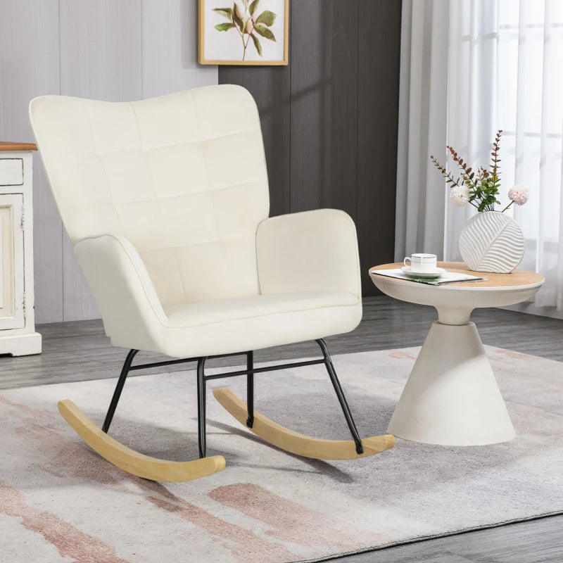 HOMCOM Rocking Chair, Thick Padding, Wide Backrest, Beech wood/Steel Frame, Supports up to 120 kg, Beige