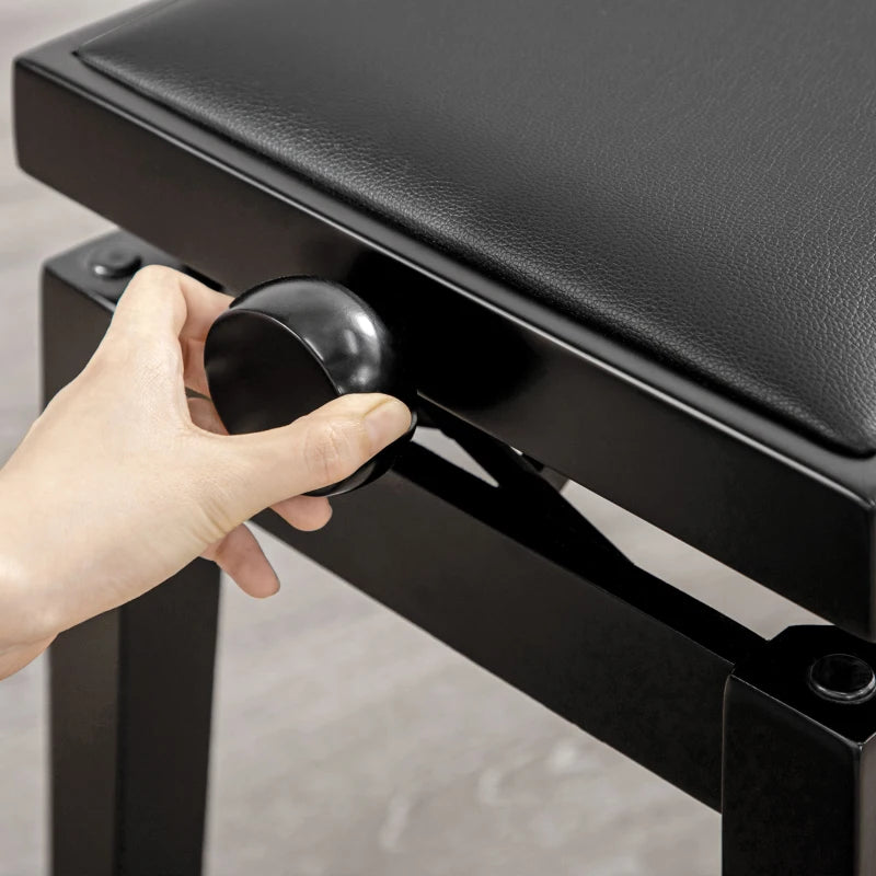 HOMCOM Piano Bench, Piano Stool, Height Adjustable, Elegant High Gloss, Faux Leather+Rubberwood, Black, 63 x 33 x 56cm