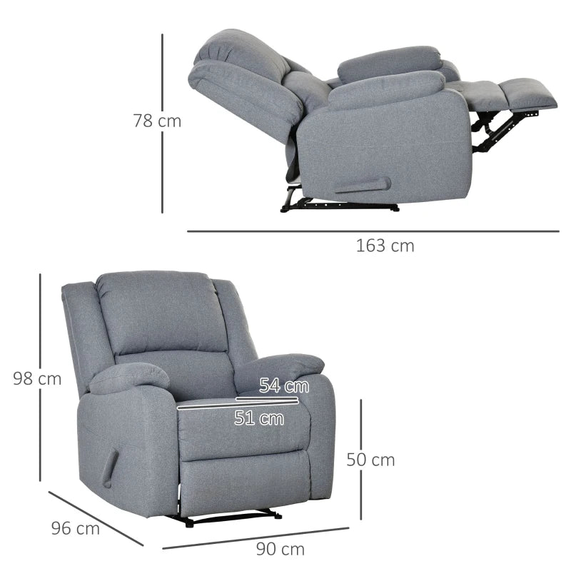 HOMCOM Recliner Chair, Lounger with Reclining Function, TV Armchair with Linen Look, Reclining Chair up to 150 kg Load Capacity, for Living Room, Steel, Dark Gray 90 x 96 x 98 cm