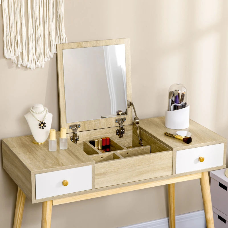 HOMCOM Dressing Table Set with Flip Top Mirror and Cushioned Stool, Makeup Vanity Dressing Table Dresser Desk with 2 Drawers and Storage Grids for Bedroom, Natural