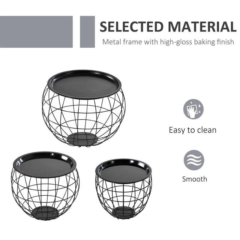 HOMCOM 3 Piece End Table Steel Storage Organizer Removable Tabletop for Living Room, Meeting Room,Black