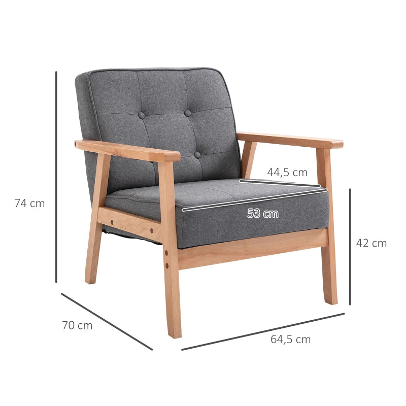 HOMCOM Sitting Chairs for Living Room, Wooden Accent Chair Lounge Armchair Retro Linen Fabric Upholstered w/ Arm Grey