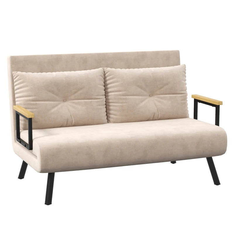HOMCOM Sleeper Sofa 2-Seater Sofa Velvet Sofa, Sleeper Function, incl. 2 Pillows, Velvety Look, Natural + Beige + Black