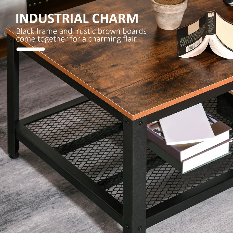 HOMCOM Industrial Coffee Table, 2-tier Coffee Table with Mesh Bottom Shelf and Steel Frame, Retro Living Room Table, Rustic Brown