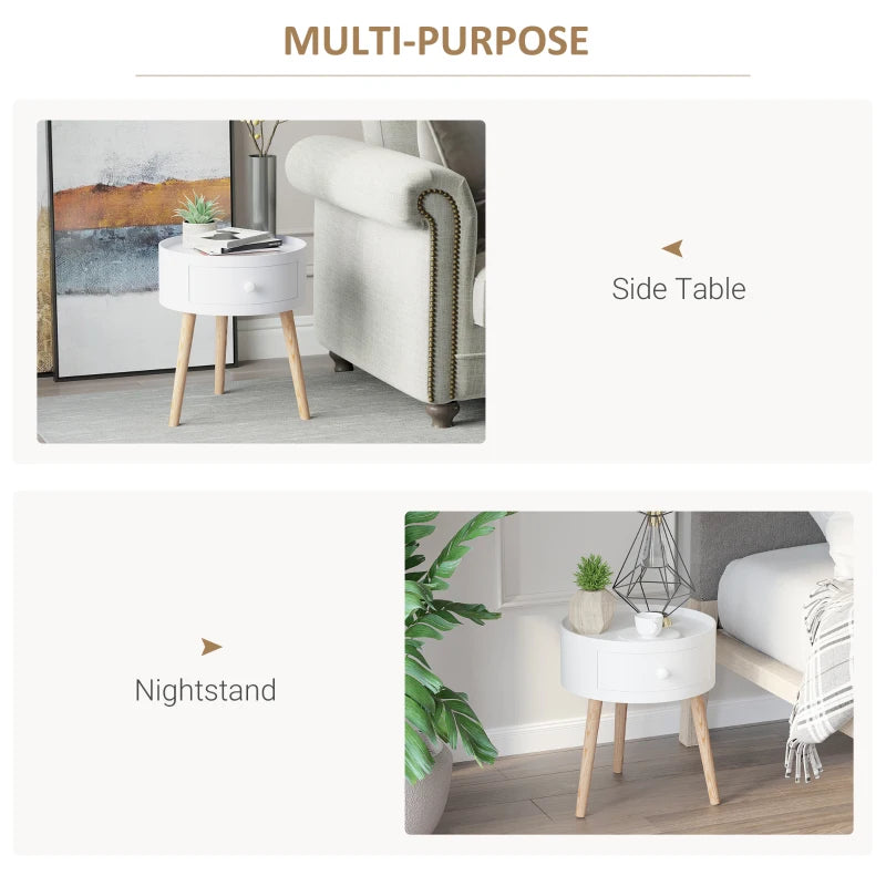 HOMCOM Modern Round Coffee Table Wooden Side Table Living Room Storage Unit w/ Drawer Wood Leg - White