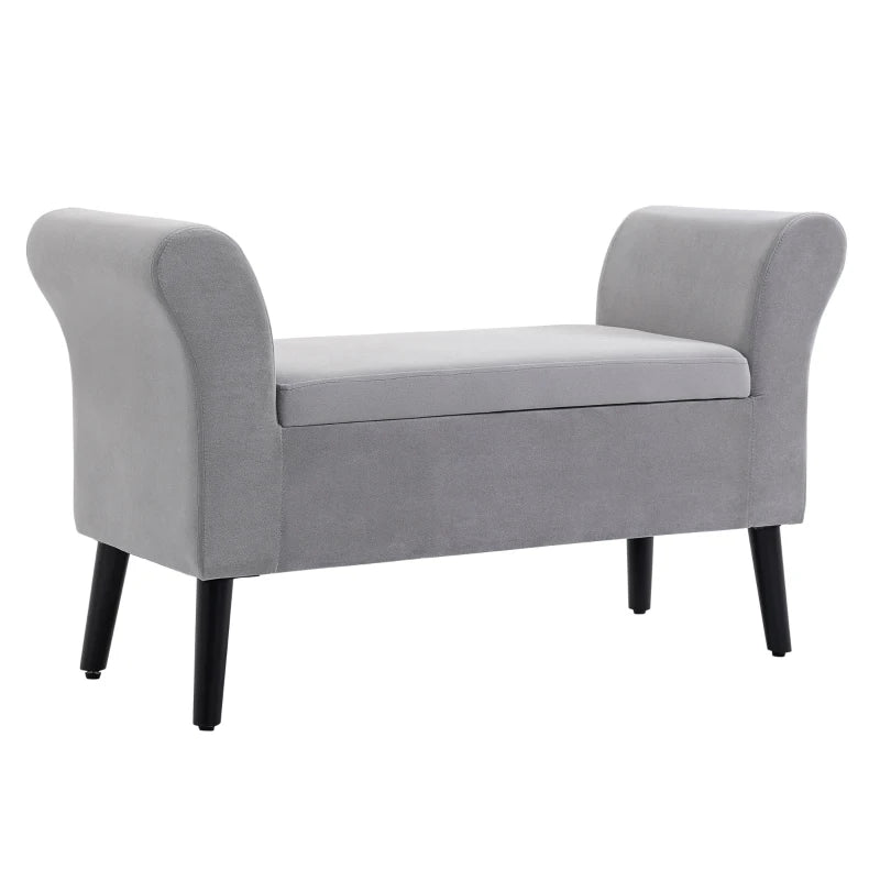 HOMCOM Ottoman Bench with Storage Armrests Chest Bench Modern Entryway Bedroom Living Room Velvet-like Polyester Rubberwood Light Grey 111.5 x 41 x 65 cm