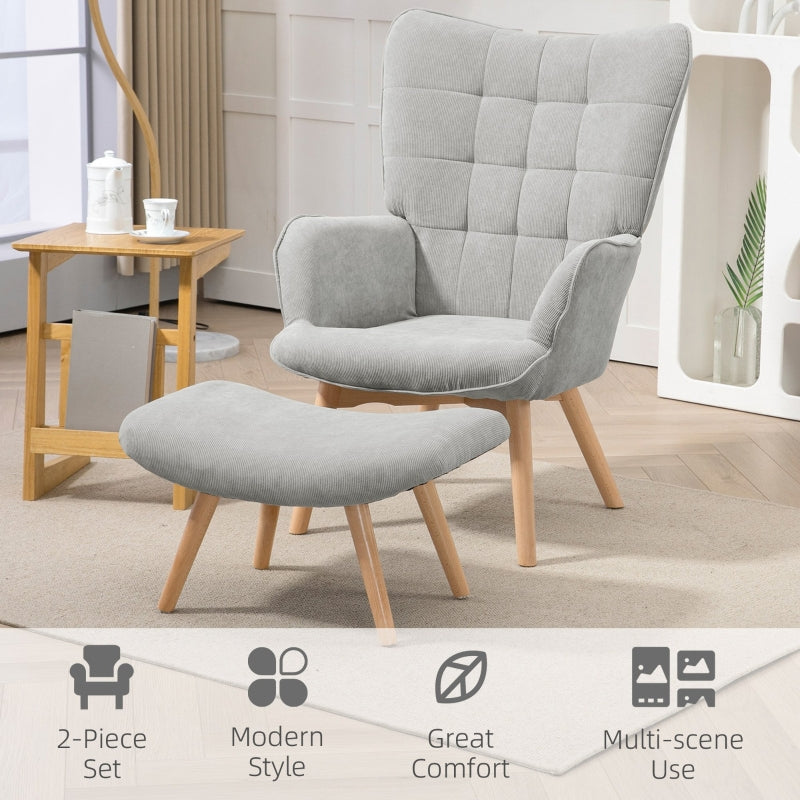 HOMCOM Accent Chair with Ottoman, Recliner in Corduroy Style, Armchair with Wooden Legs, for Living Room, Gray