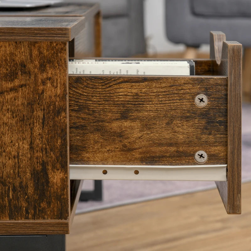 HOMCOM Lift Top Coffee Table, Industrial Coffee Table with Hidden Storage, Drawer and 2 Compartments, Extendable Living Room Table with Metal Frame, Rustic Brown