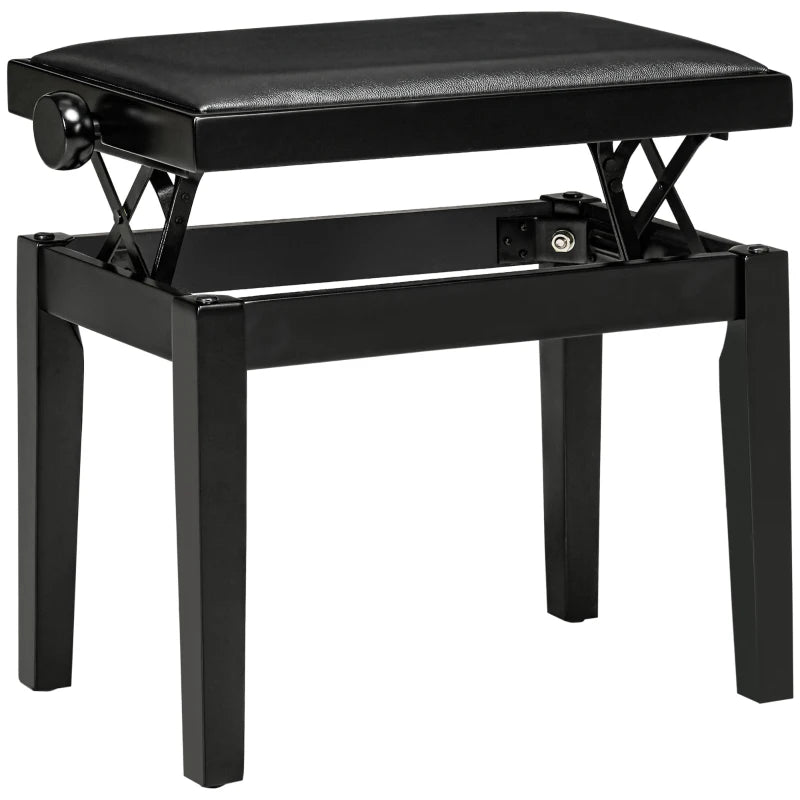 HOMCOM Piano Bench, Piano Stool, Height Adjustable, Elegant High Gloss, Faux Leather+Rubberwood, Black, 63 x 33 x 56cm