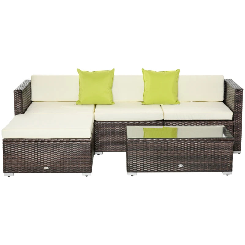 Outsunny 5pcs Rattan L-Shaped Corner Couch Sofas with Coffee Table Adjustable Feet Water-resistant Polyester Cloth Brown