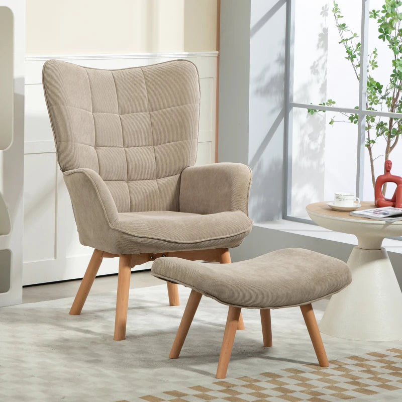 HOMCOM Accent Chair with Ottoman, Lounge Chair in Corduroy Look, Armchair with Wooden Legs, for Living Room, Light Brown