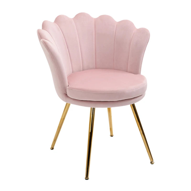 HOMCOM Shell Chair Vanity Chair Velvet Chair Living Room Chair with Golden Metal Legs for Living Room Bedroom and Dining Room 67L x 64W x 77H cm Powder Pink