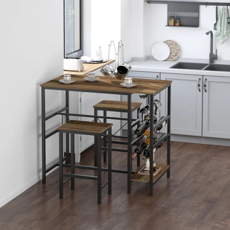 HOMCOM 3 Pieces Dining Table and Chair Bar Bistro Set with 8-bottle Wine Rack and Cup Holder, Metal Frame for Kitchen, Dining Room, Living Room, Pub