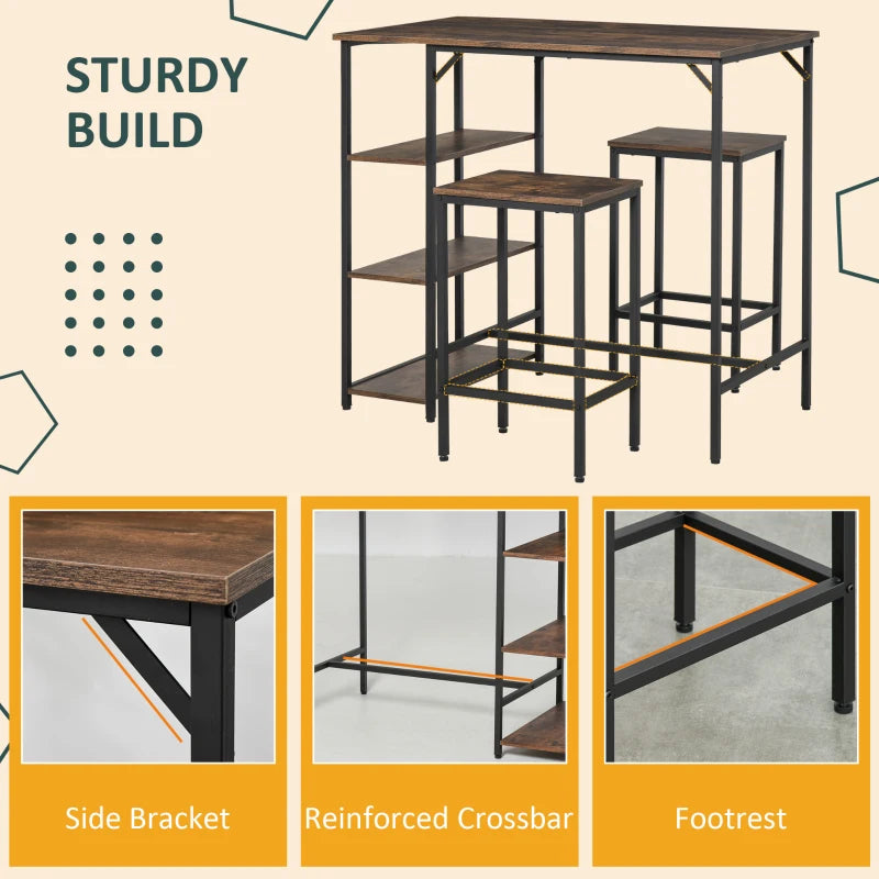 HOMCOM 3 Piece Industrial Bar Table Set, Bar Table with 2 Stools and Side Shelf, Kitchen Table and Chairs for Dining Room, Dinette