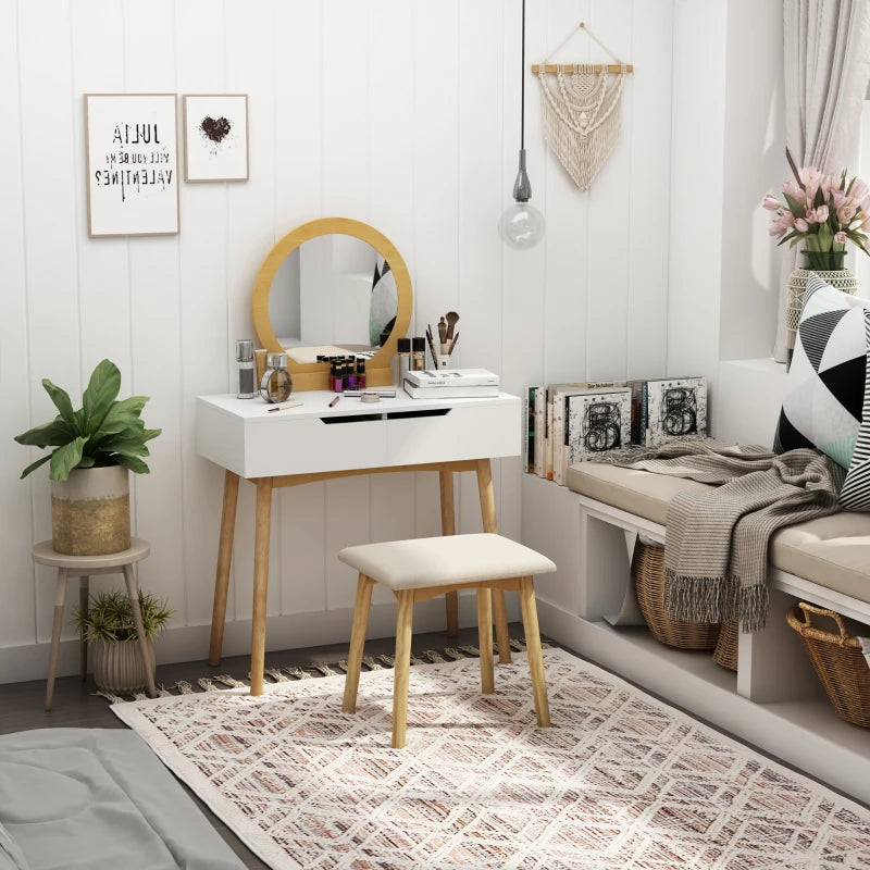 HOMCOM Pine Wood Dressing Table w/ Stool White/Oak