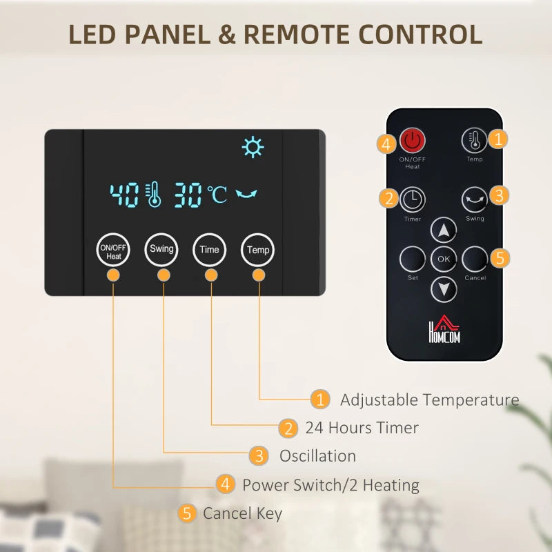 HOMCOM 2kW Wall-Mounted Heater, 18-45°C Temperature - Black