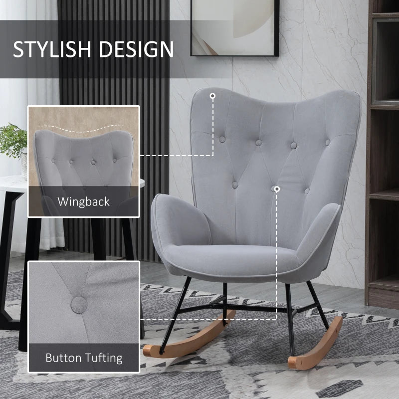 HOMCOM Rocking Chair with Ear Wings Grand Comfort Armrests Seat Backrest High Density Foam Velvet-Like Gray