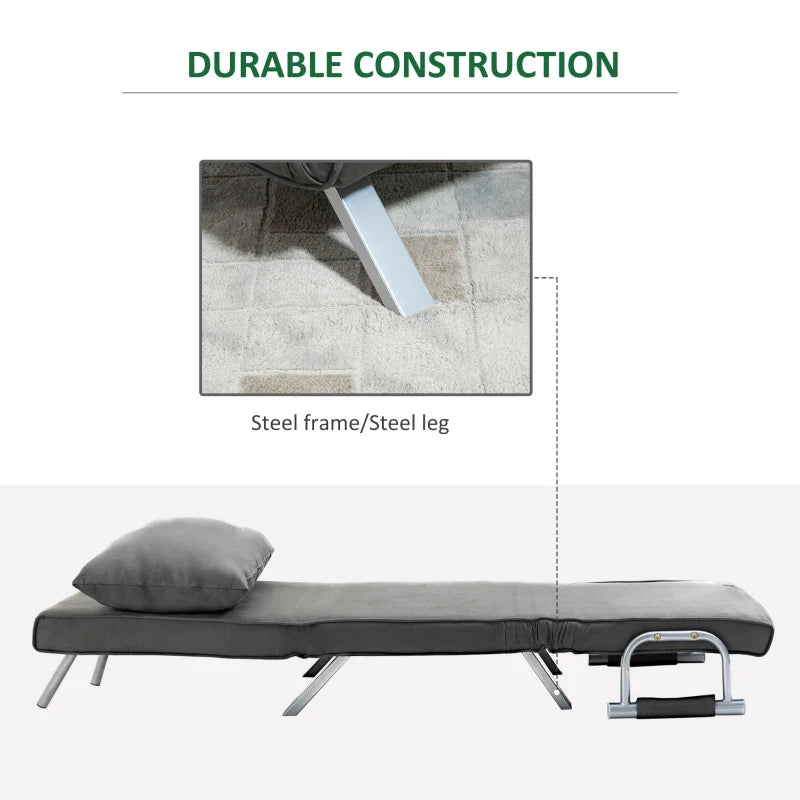 HOMCOM Single Chair Sofa Bed Convertible Detachable Grand Comfort Cushion Metal Armrest Legs Suede Grey