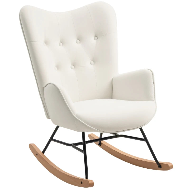 HOMCOM Rocking Chair, Modern Upholstered Velvet Armchair with Solid Wood Legs and Metal Frame for Living Room, Bedroom, Cream