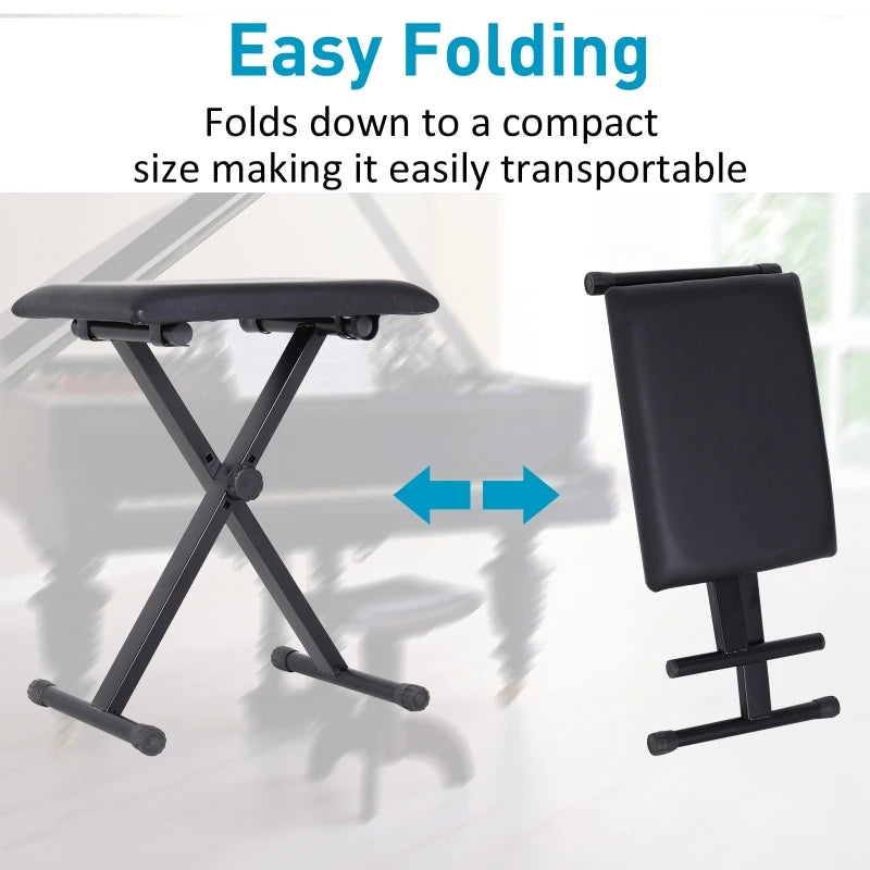 HOMCOM Foldable Keyboard Stool Padded Seat X Frame Chair Adjustable Height Piano Bench Black