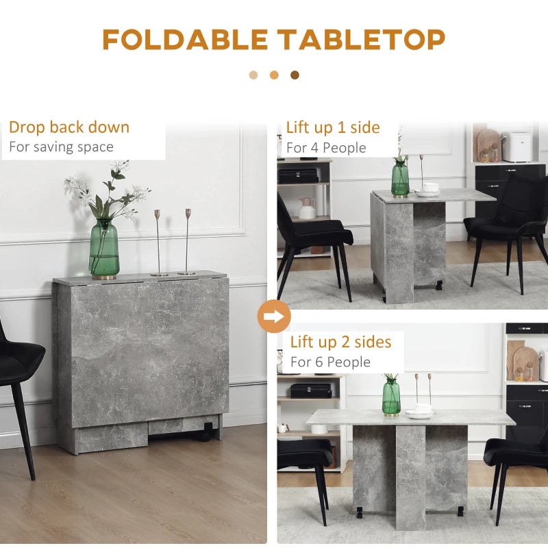 HOMCOM Folding Dining Table, Drop Leaf Table for Small Spaces with 2-tier Shelves, Small Kitchen Table with Rolling Casters, Cement Grey