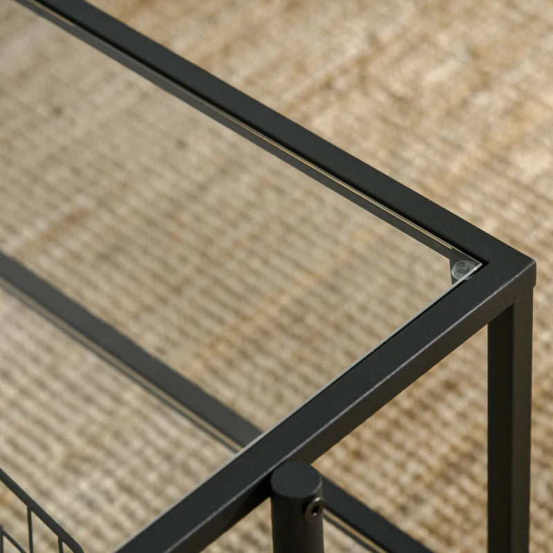 HOMCOM Side Table Glass Coffee Table with Shelf Adjustable Feet with Steel Frame Glass Top Tempered Glass Black 100 x 55 x 45.5 cm
