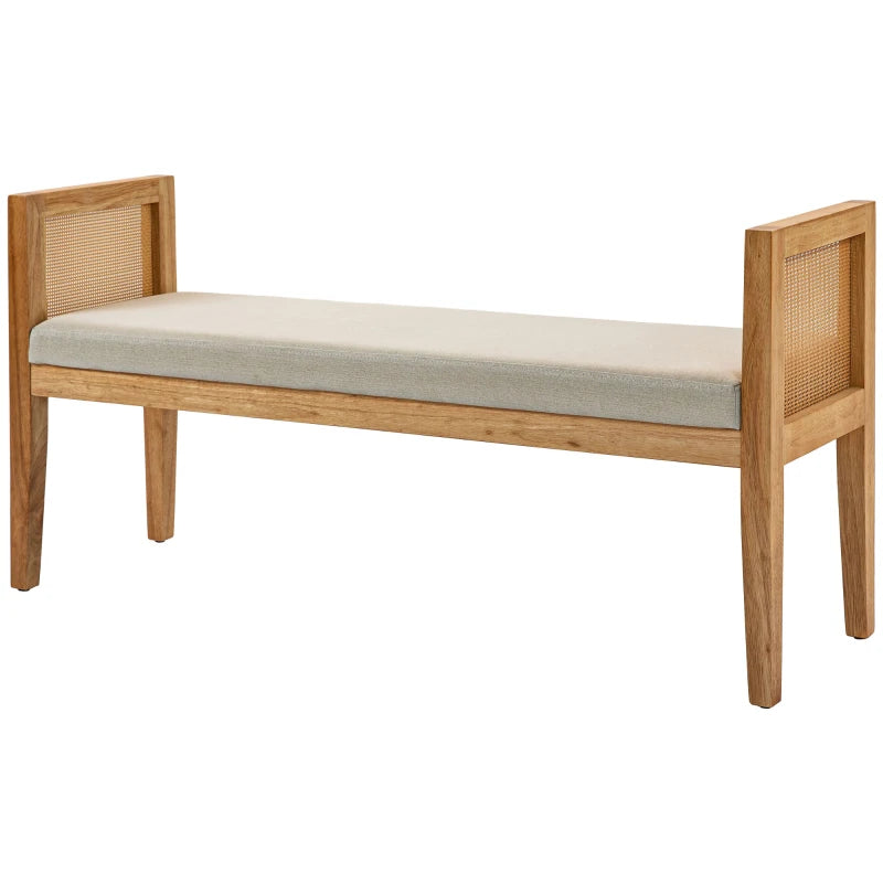 HOMCOM Linen-Look End of Bed Bench with Rattan Armrests and Solid Wood Frame 120 x 38 x 61.5 cm Beige