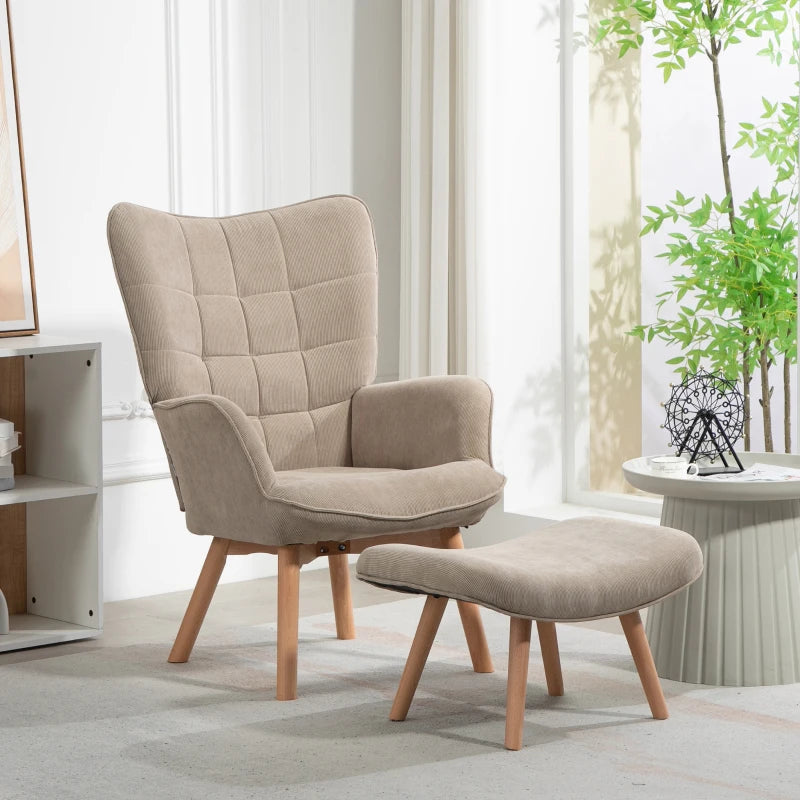 HOMCOM Accent Chair with Ottoman, Lounge Chair in Corduroy Look, Armchair with Wooden Legs, for Living Room, Light Brown