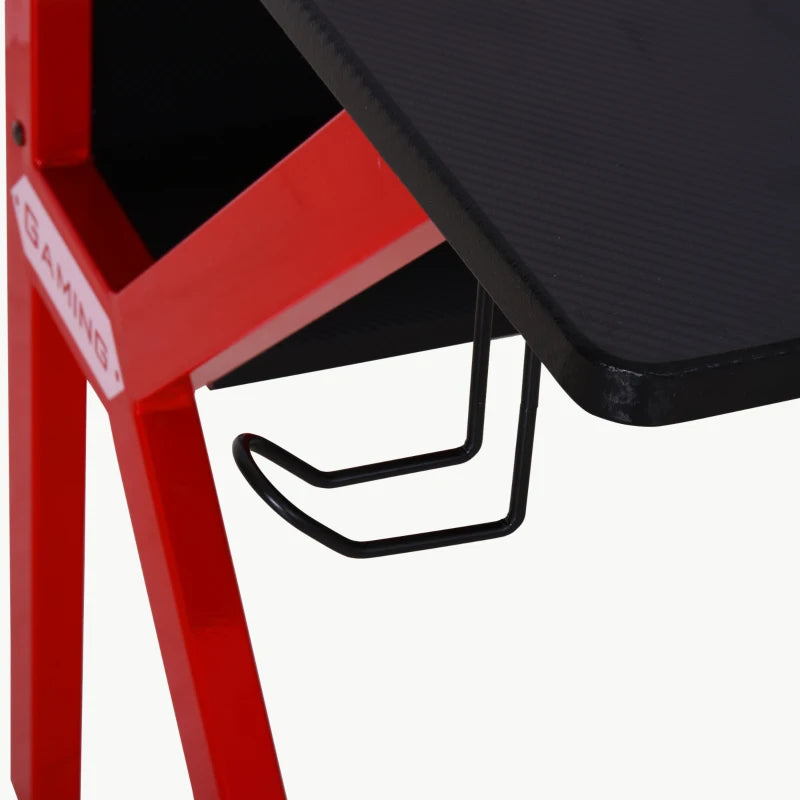HOMCOM 136 x 66cm Gaming Desk with K Shape Legs, Computer Table with Monitor Stand, Cup Holder, Headphone Hook and Wire Basket, Red