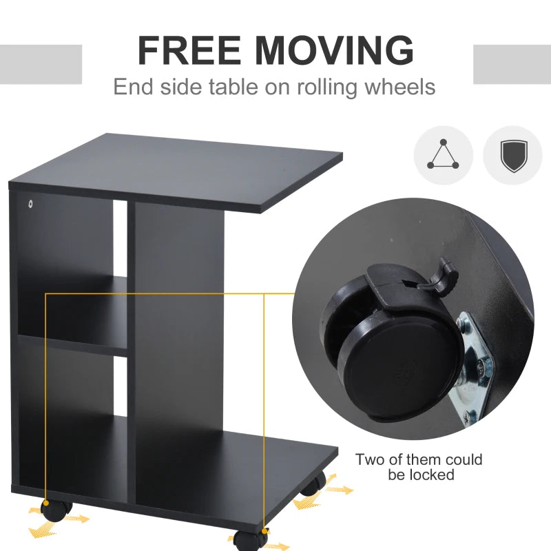 HOMCOM C-Shape End Table Unique Storage Unit w/ 2 Shelves 4 Wheels Freestanding Home Furniture Cabinet Square Black