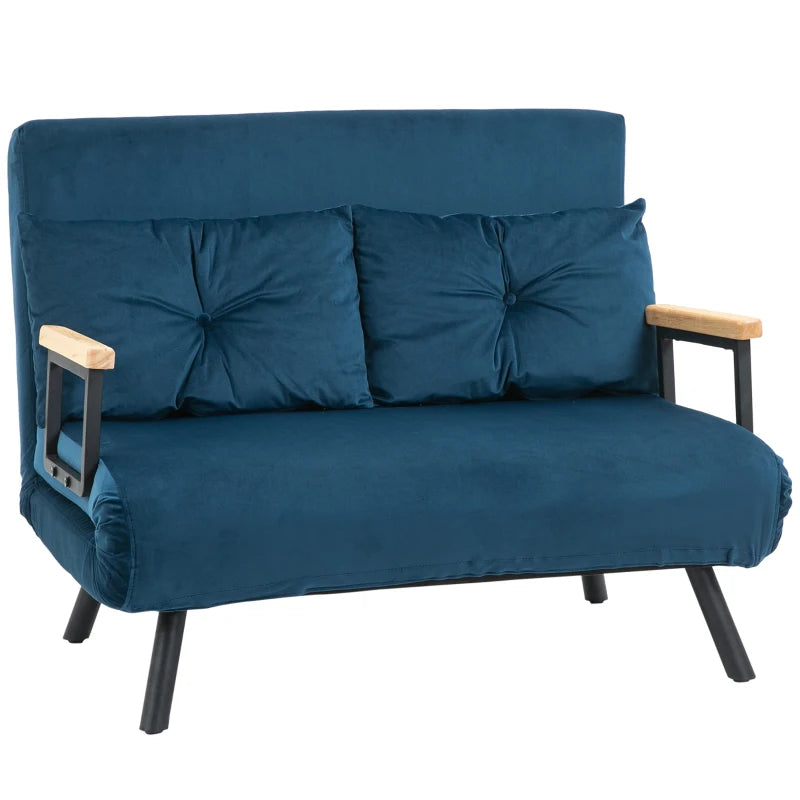 HOMCOM 2-Seater Convertible Sofa Bed with Adjustable 5-Level Backrest and 2 Padded Cushions, Velvet-like Fabric, Blue
