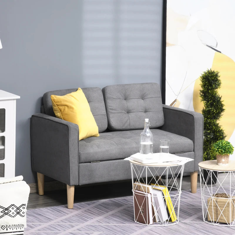HOMCOM Modern 2-Seater Loveseat Button-Tufted Fabric Couch with Storage Chest, Rubberwood Legs, Grey