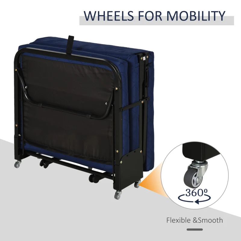 HOMCOM Foldable Guest Bed with 2.25 Inch/6cm Mattress and Adjustable Headrest with 5 Caster Wheels for Easy Storage