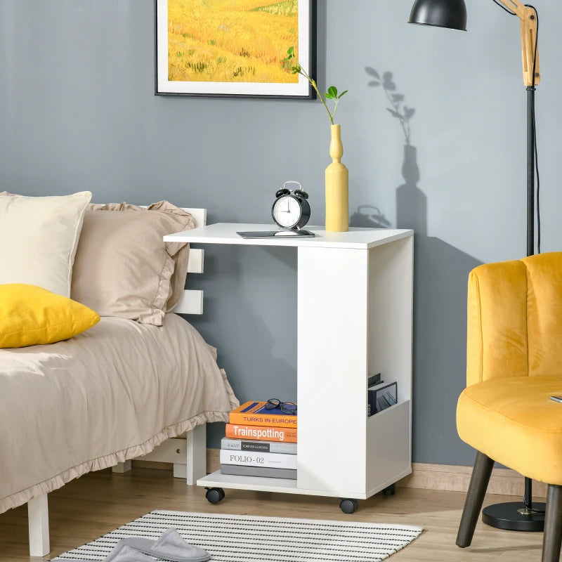 HOMCOM C-Shape Sofa Side Table with Wheels and Storage, Mobile End Table for Laptop, Coffee, Snack, White