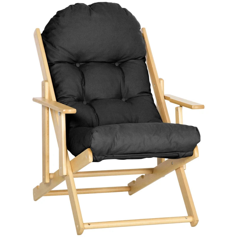 HOMCOM Folding and Reclining Wooden Lounge Chair Comfortable Relaxation Chair with Thick Tufted Cushion