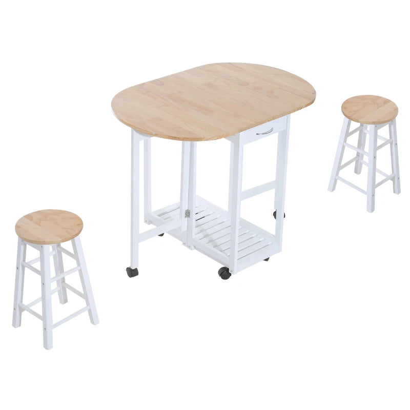 HOMCOM Pine Wood 3-Piece Compact Folding Dining Table with Stools White