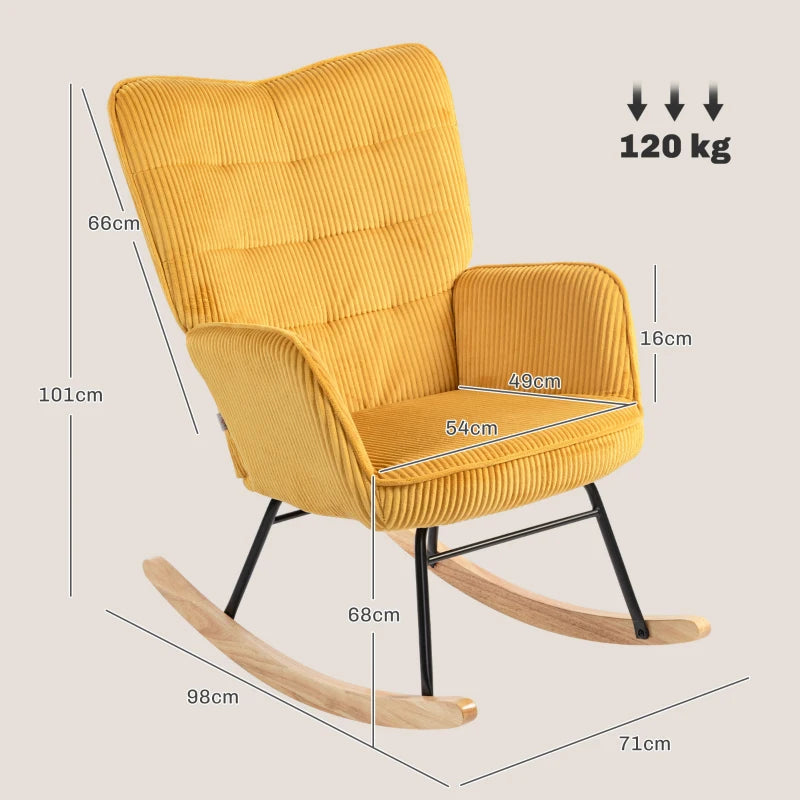 HOMCOM Vintage Rocking Chair, Curved Rockers, Thick Padding, Beech Wood & Steel, Yellow