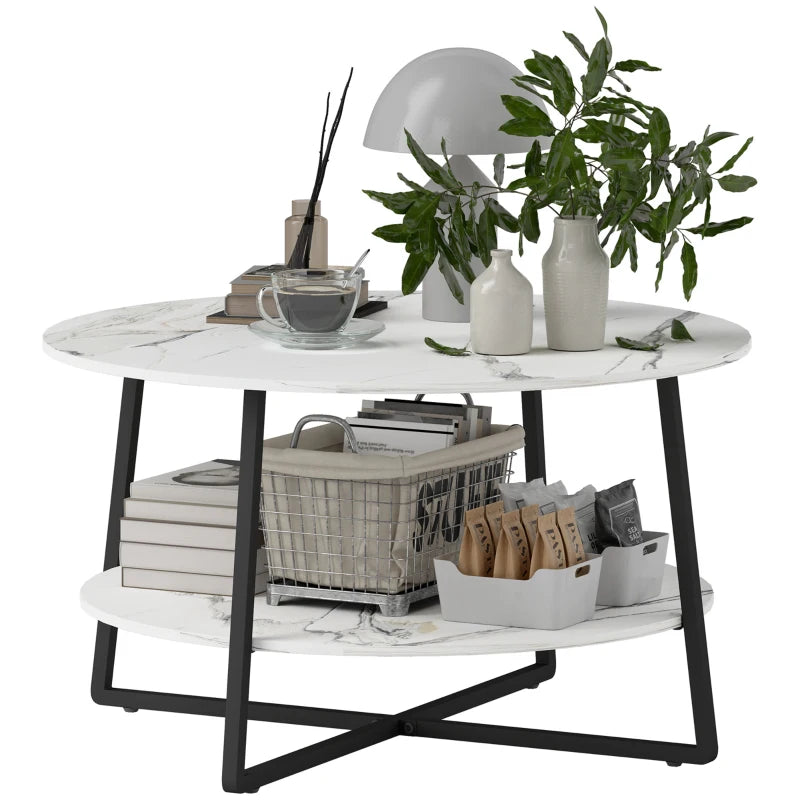 HOMCOM 2-Tier Round Coffee Table with Storage Shelf, Living Room Table with Marble Effect Top and Steel Frame, White