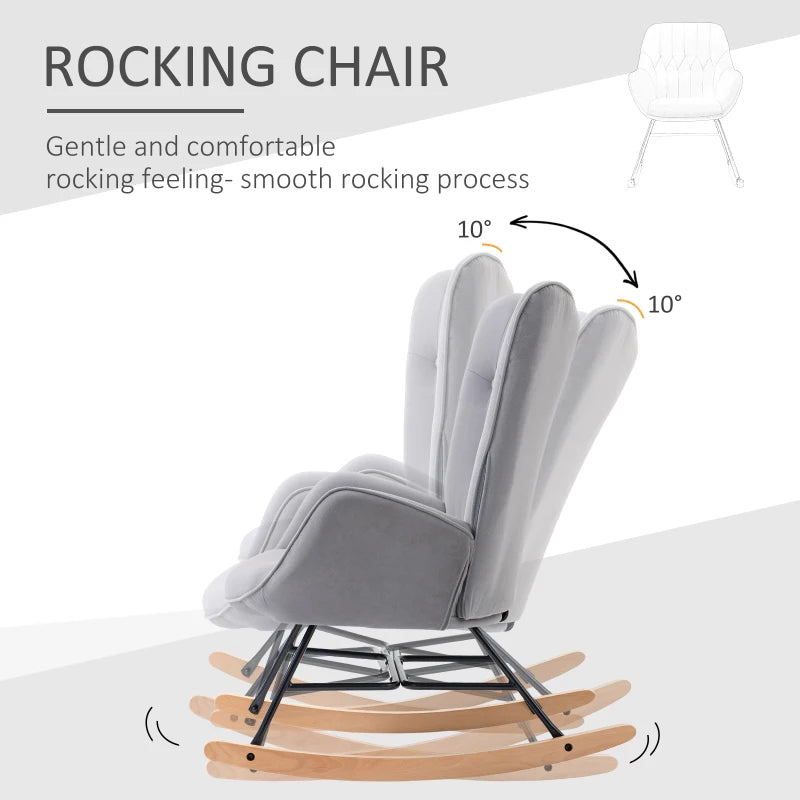 HOMCOM Rocking Chair with Ear Wings Grand Comfort Armrests Seat Backrest High Density Foam Velvet-Like Gray