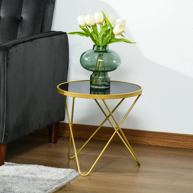 HOMCOM Glass Coffee Table, Round End Side Table, Accent Table with Tempered Glass Top and Golden Metal Legs for Living Room, Bedroom, Black
